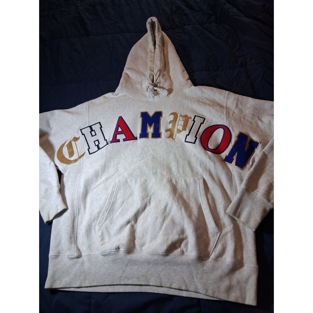 Champion Reverse Weave Mens Large Grey Hoodie Pullover Chenille‎ Logo Sweatshirt